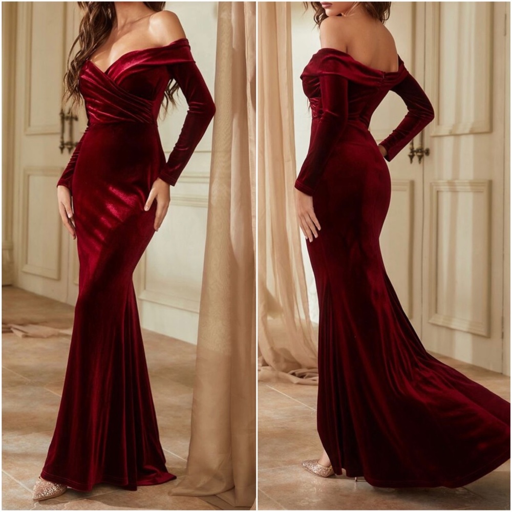 Luxe Velvet Off Shoulder formal party evening wedding prom dress - Picture 5 of 10